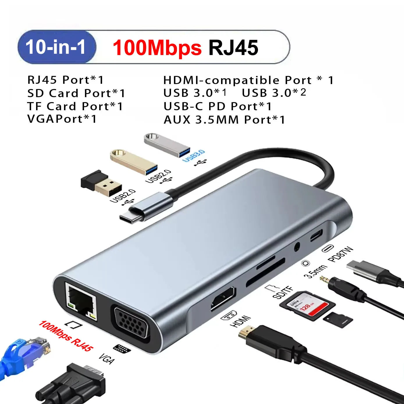 11-In-1 Type-C Docking Station USB 3.0 HUB USB C Splitter Type C to 4K HDMI VGA PD RJ45 1000M Network Adapter for Laptop Macbook