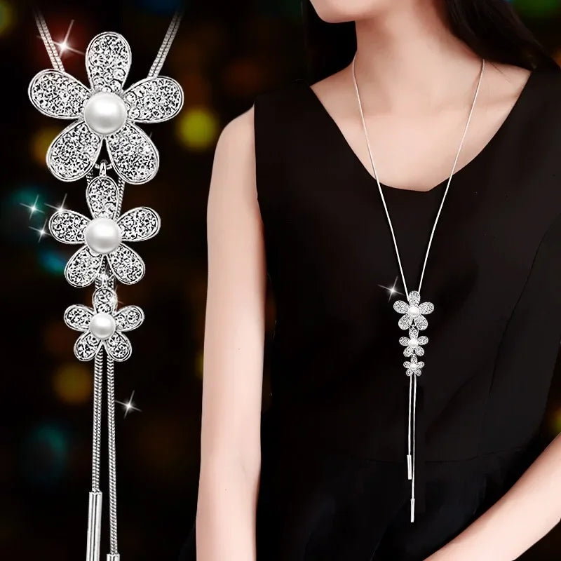 Imitation Pearl Necklaces Retro Popular Vintage Leaf Collar Statement Necklace Long Jewelry for Women