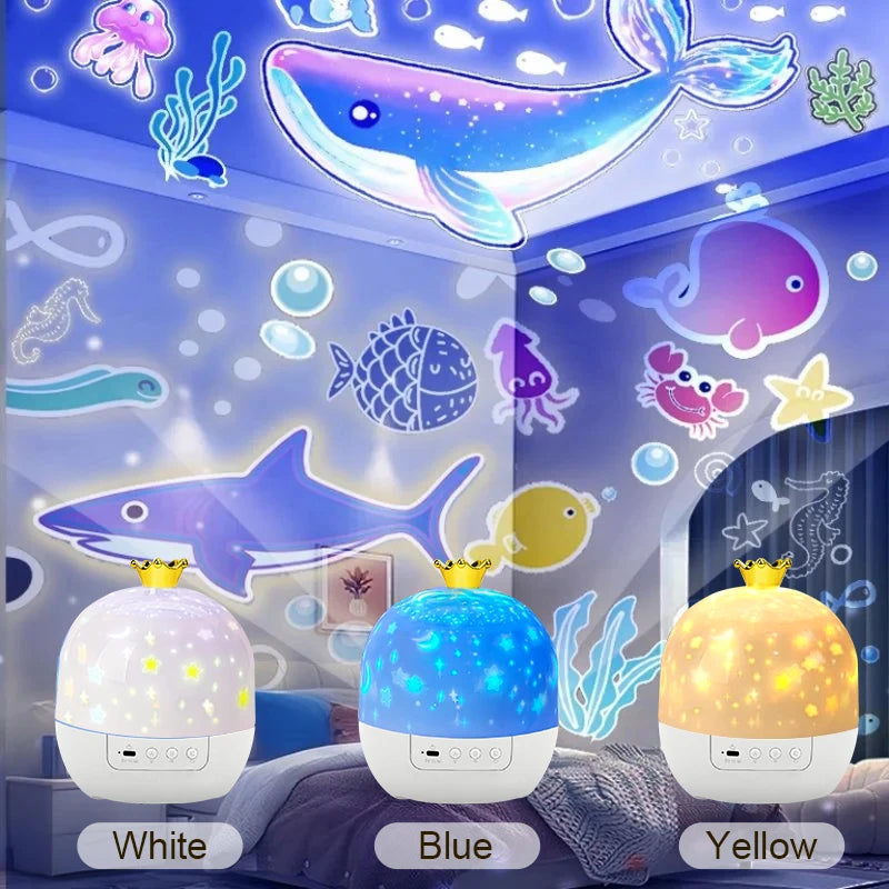 Crown Star Light Projection Rotating Star Bedroom Ceiling Atmosphere Night Lamp Stars Childrens Birthday Gift with Films Sheet