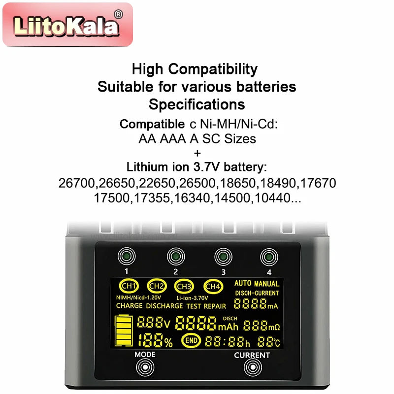 Lii-600 Smart Battery Charger for 18650/21700/AA/AAA | 3A Fast Charging | Nimh/Li-Ion/Nicd Multi-Bay Charger with LCD