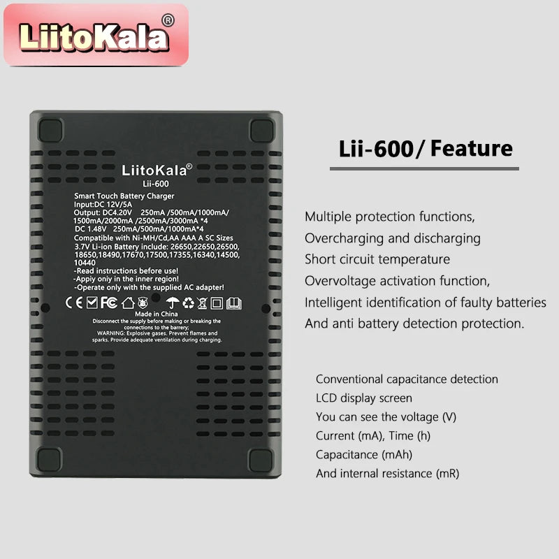 Lii-600 Smart Battery Charger for 18650/21700/AA/AAA | 3A Fast Charging | Nimh/Li-Ion/Nicd Multi-Bay Charger with LCD