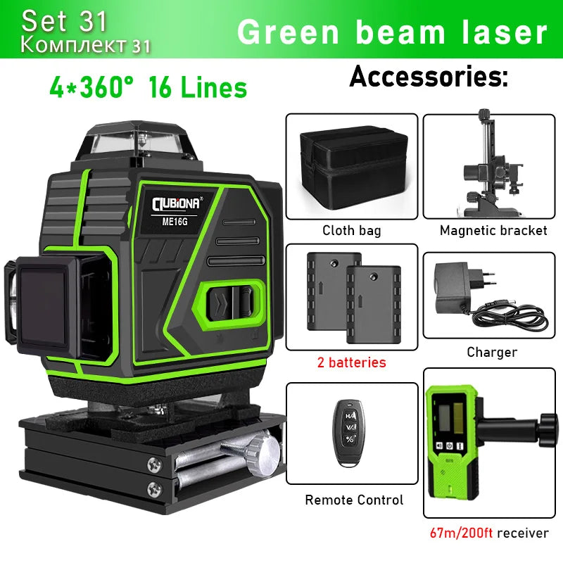 16/12 Lines Self-Leveling Remote Control Outdoor Mode - Receiver Auto 3X360 Green Beam Line Laser Level