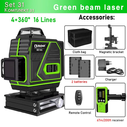 16/12 Lines Self-Leveling Remote Control Outdoor Mode - Receiver Auto 3X360 Green Beam Line Laser Level
