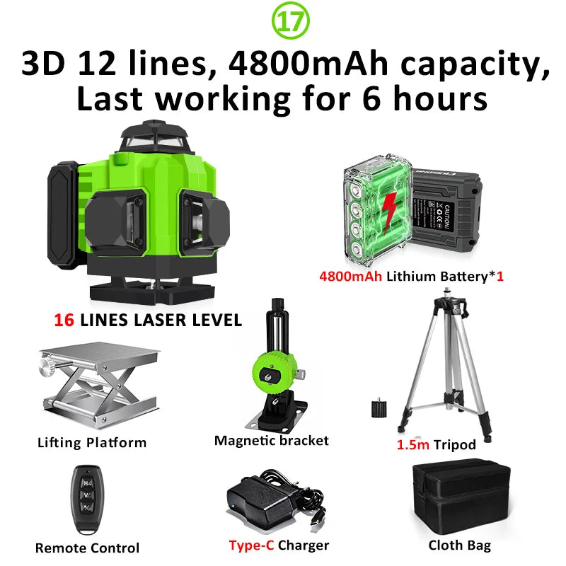 16/12 Lines Self-Leveling Remote Control Outdoor Mode - Receiver Auto 3X360 Green Beam Line Laser Level