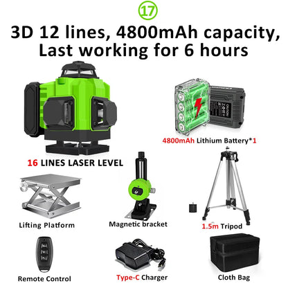 16/12 Lines Self-Leveling Remote Control Outdoor Mode - Receiver Auto 3X360 Green Beam Line Laser Level