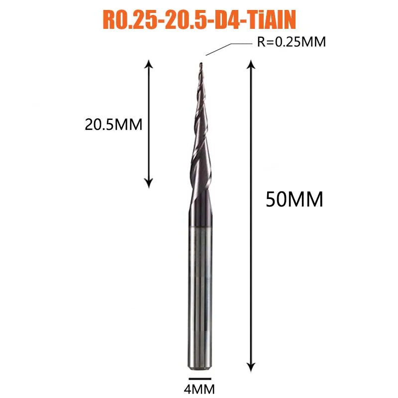1 Pcs Solid Carbide Coated Taper Ball Nose Bit CNC Milling Cutter Router Bits for Wood and Cutters for Metal End Mill