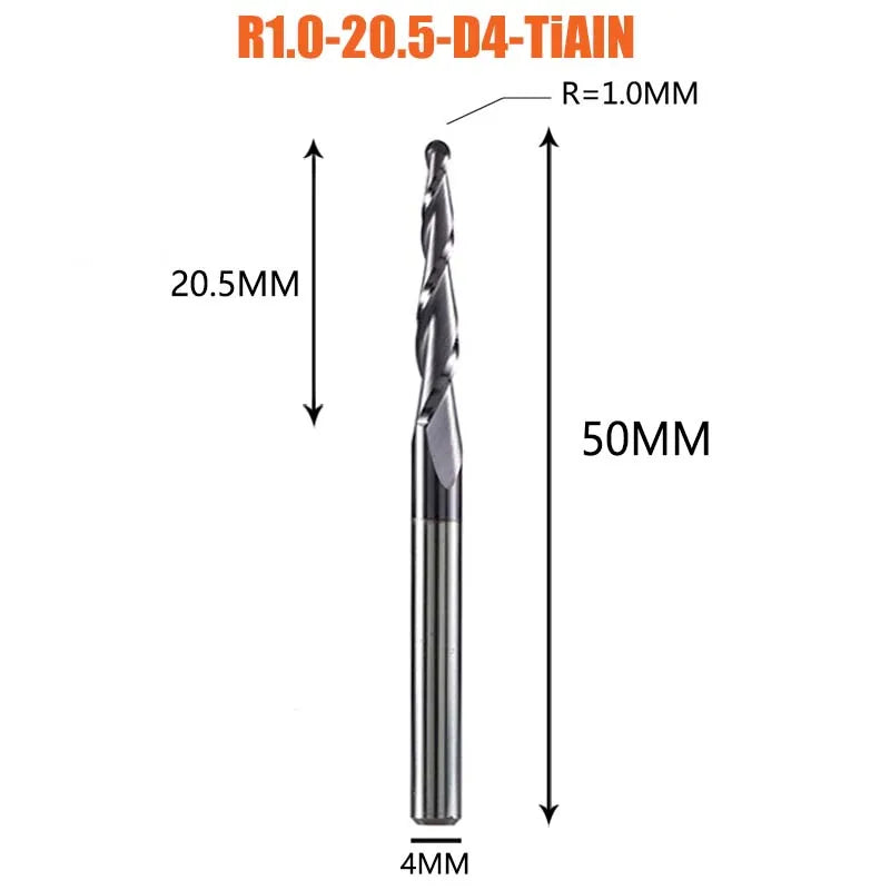 1 Pcs Solid Carbide Coated Taper Ball Nose Bit CNC Milling Cutter Router Bits for Wood and Cutters for Metal End Mill