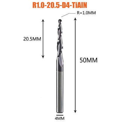 1 Pcs Solid Carbide Coated Taper Ball Nose Bit CNC Milling Cutter Router Bits for Wood and Cutters for Metal End Mill