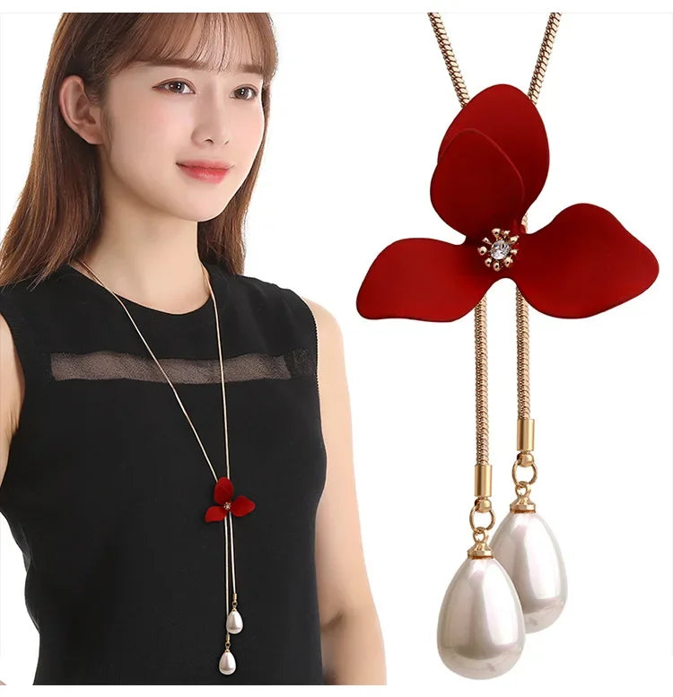 Imitation Pearl Necklaces Retro Popular Vintage Leaf Collar Statement Necklace Long Jewelry for Women