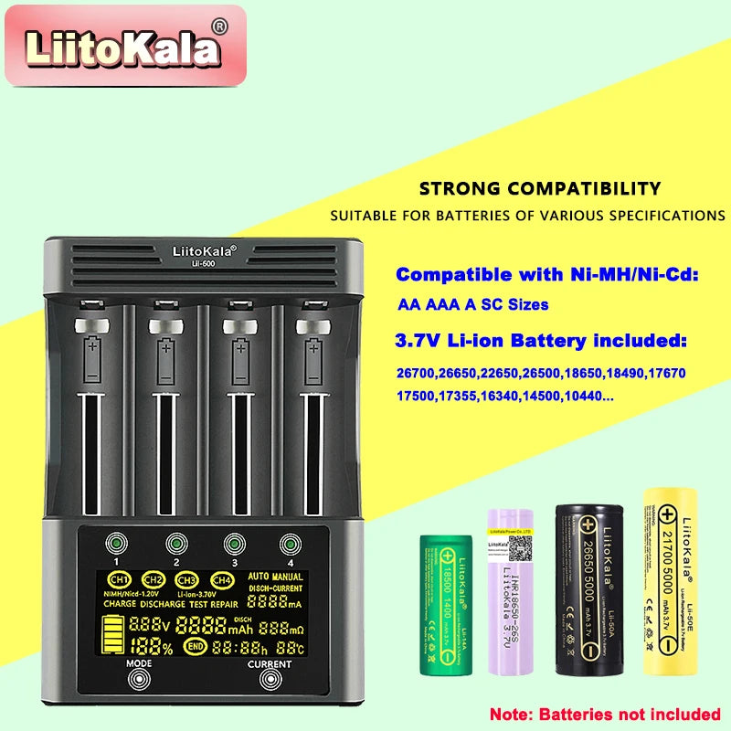 Lii-600 Smart Battery Charger for 18650/21700/AA/AAA | 3A Fast Charging | Nimh/Li-Ion/Nicd Multi-Bay Charger with LCD