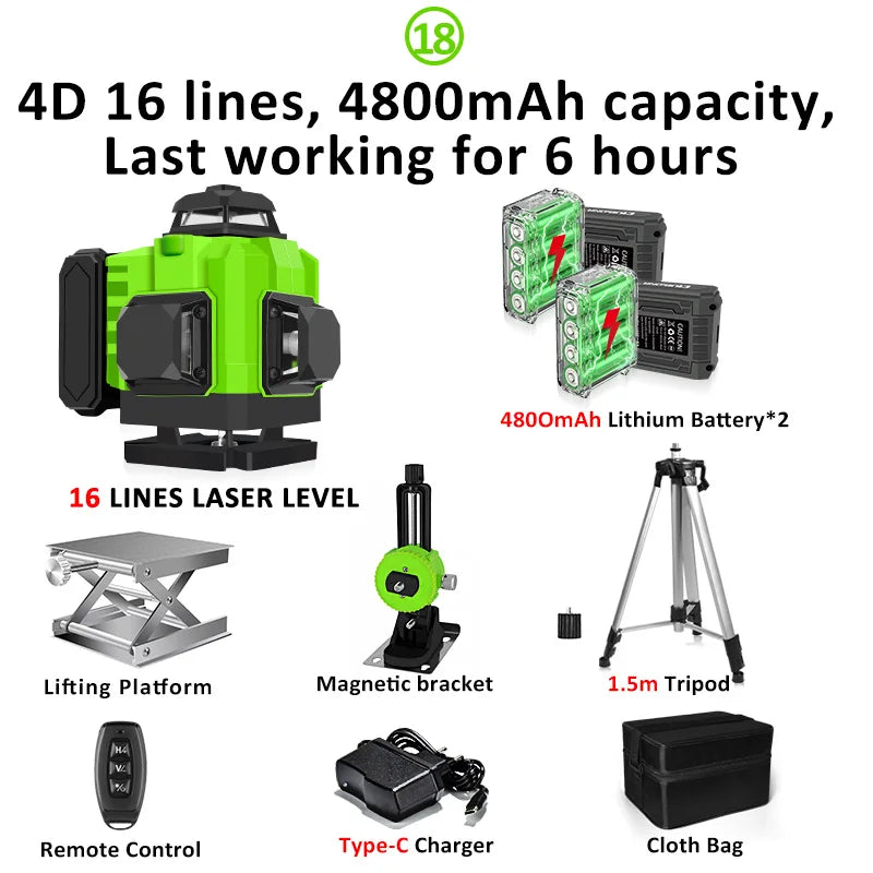 16/12 Lines Self-Leveling Remote Control Outdoor Mode - Receiver Auto 3X360 Green Beam Line Laser Level