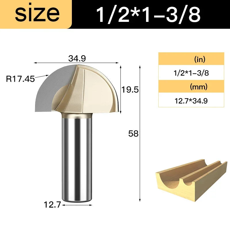 Core Box round Cove Nose Bit Tungsten Carbide CNC Woodworking Groove Tools Router Bits for Wood 1/2 1/4 Shank Milling Cutter
