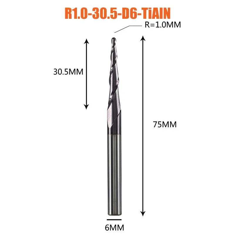 1 Pcs Solid Carbide Coated Taper Ball Nose Bit CNC Milling Cutter Router Bits for Wood and Cutters for Metal End Mill