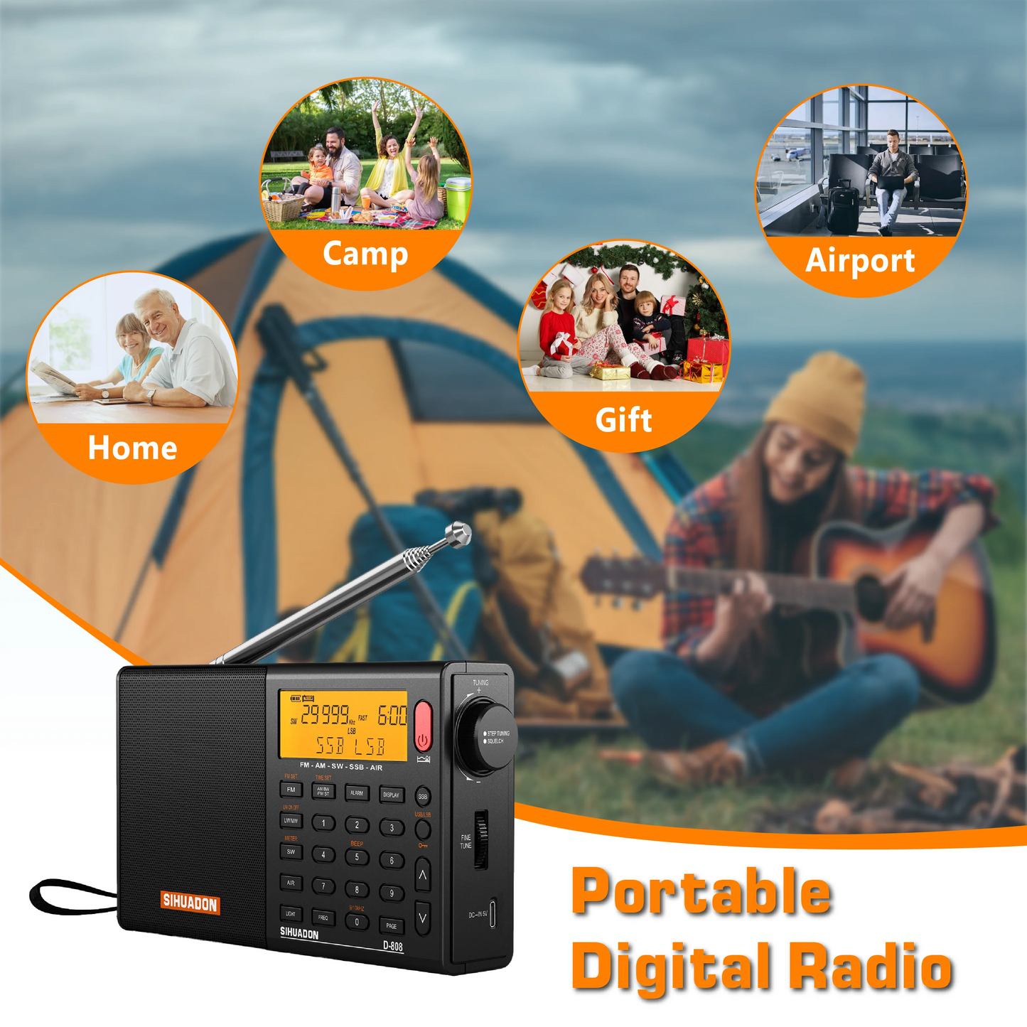 D-808 AM/FM/SW/MW SSB AIR RDS Full Band Portable Radio with Multifunction Deep Sound Stereo Rechargeable Radio Receiver