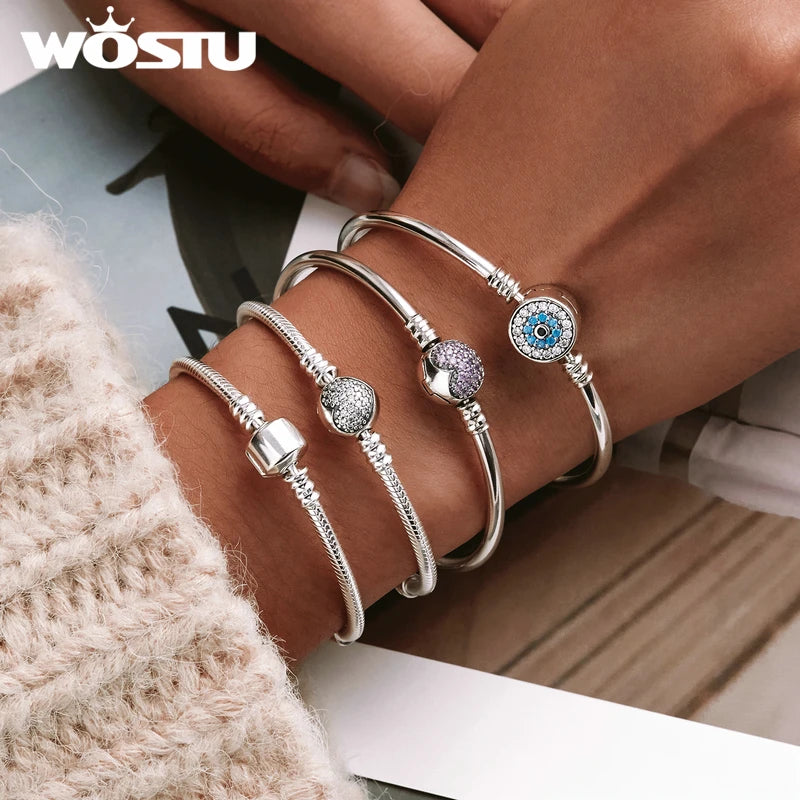 925 Sterling Silver Bracelet – Barrel Snap Clasp, Cubic Zirconia, Bangle Bracelet, Chain Bracelet, Charm, Sizes 17–21
