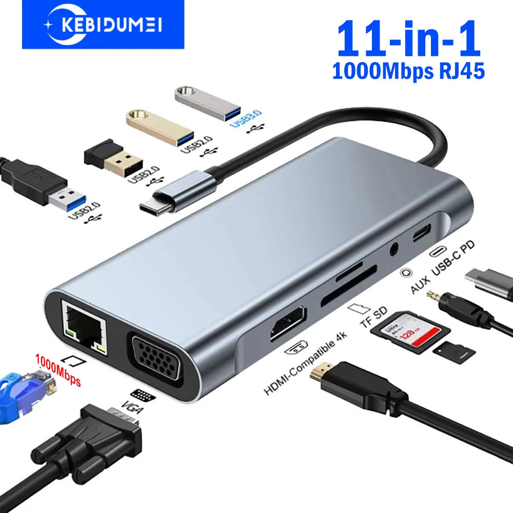 11-In-1 Type-C Docking Station USB 3.0 HUB USB C Splitter Type C to 4K HDMI VGA PD RJ45 1000M Network Adapter for Laptop Macbook