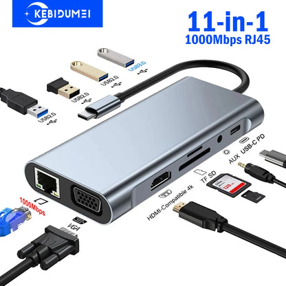 11-In-1 Type-C Docking Station USB 3.0 HUB USB C Splitter Type C to 4K HDMI VGA PD RJ45 1000M Network Adapter for Laptop Macbook