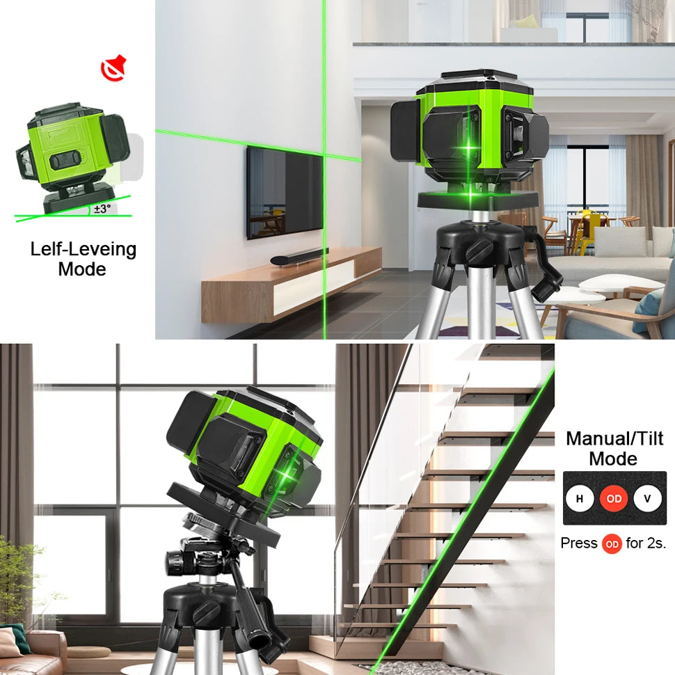 16/12 Lines Self-Leveling Remote Control Outdoor Mode - Receiver Auto 3X360 Green Beam Line Laser Level