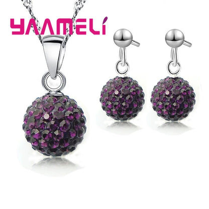 925 Sterling Silver Bridal Jewelry Sets Women Girls Wedding Gifts Austrian Crystal Paved CZ Disco Ball Necklace Hoop Earrings