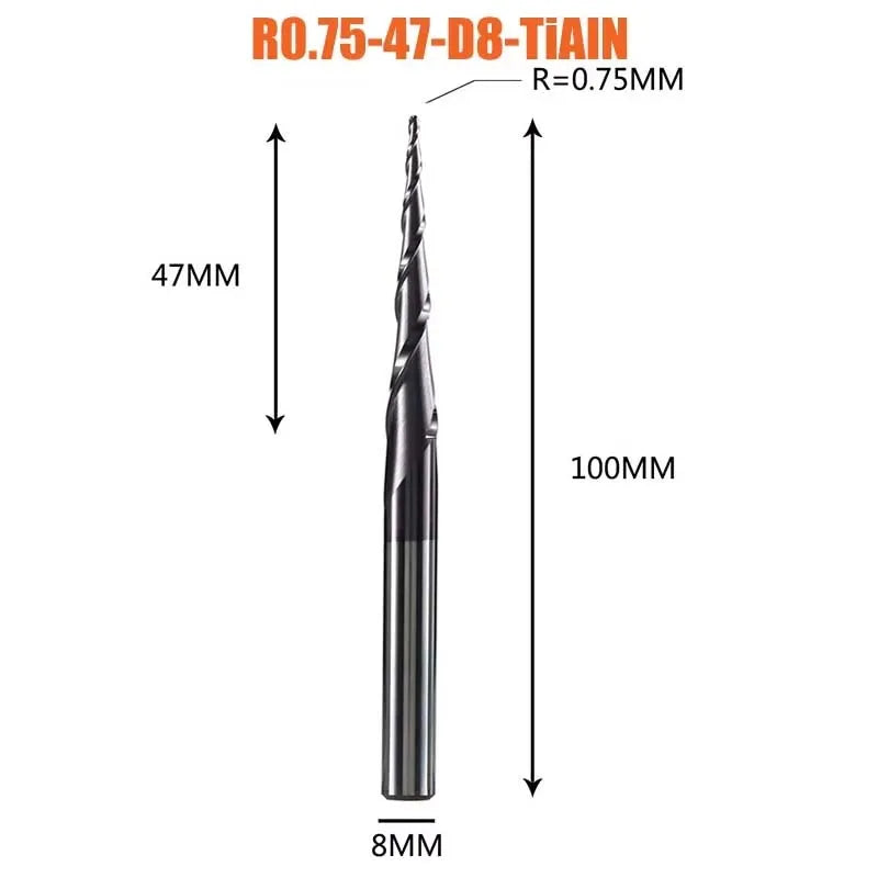 1 Pcs Solid Carbide Coated Taper Ball Nose Bit CNC Milling Cutter Router Bits for Wood and Cutters for Metal End Mill