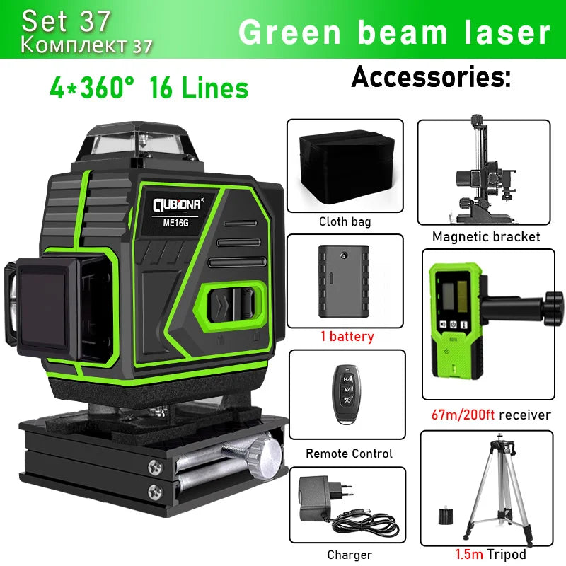 16/12 Lines Self-Leveling Remote Control Outdoor Mode - Receiver Auto 3X360 Green Beam Line Laser Level
