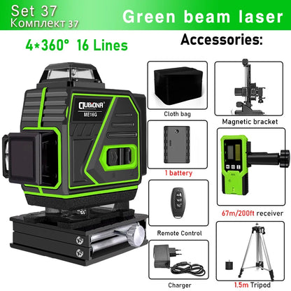 16/12 Lines Self-Leveling Remote Control Outdoor Mode - Receiver Auto 3X360 Green Beam Line Laser Level