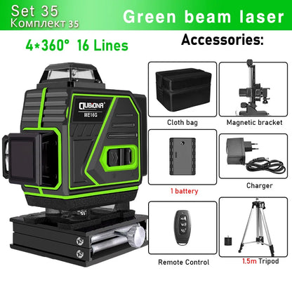 16/12 Lines Self-Leveling Remote Control Outdoor Mode - Receiver Auto 3X360 Green Beam Line Laser Level