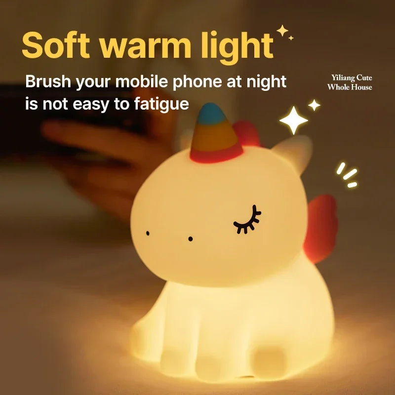 Cartoon Unicorn Night Lamp Soft Silicone Pat Light Warm Light Eye Protection Night Reading Lamp Desktop Kid'S Room Decoration