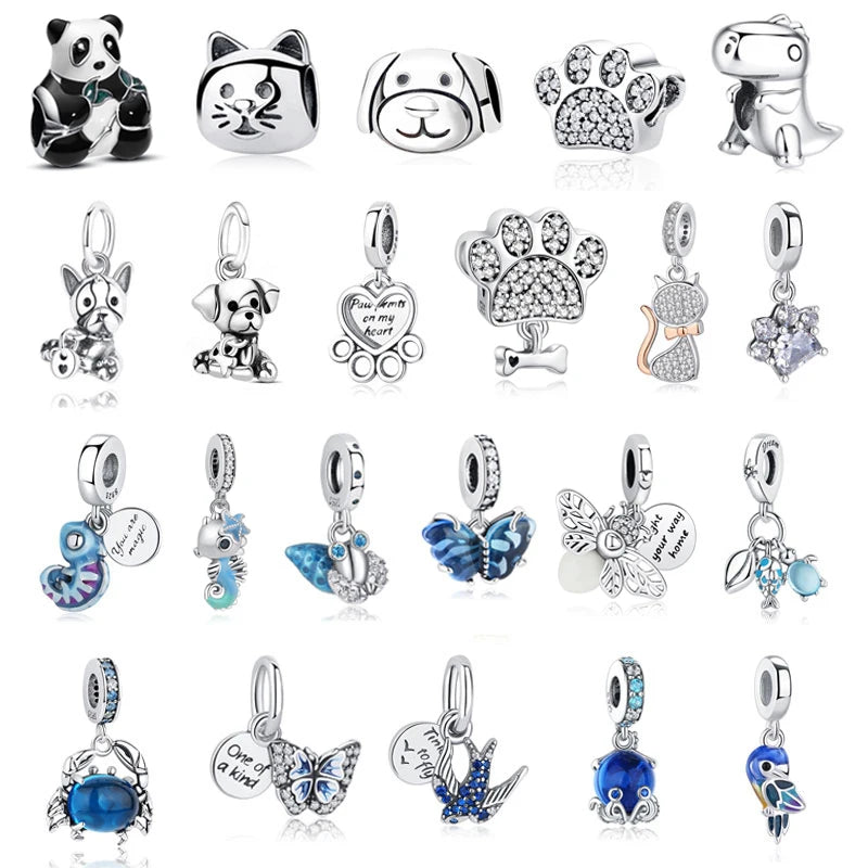 Original 925 Sterling Silver Charm Bead Love Dog Cat Paw Panda Firefly Pendant Charms Fit Bracelets Necklaces Women Jewelry