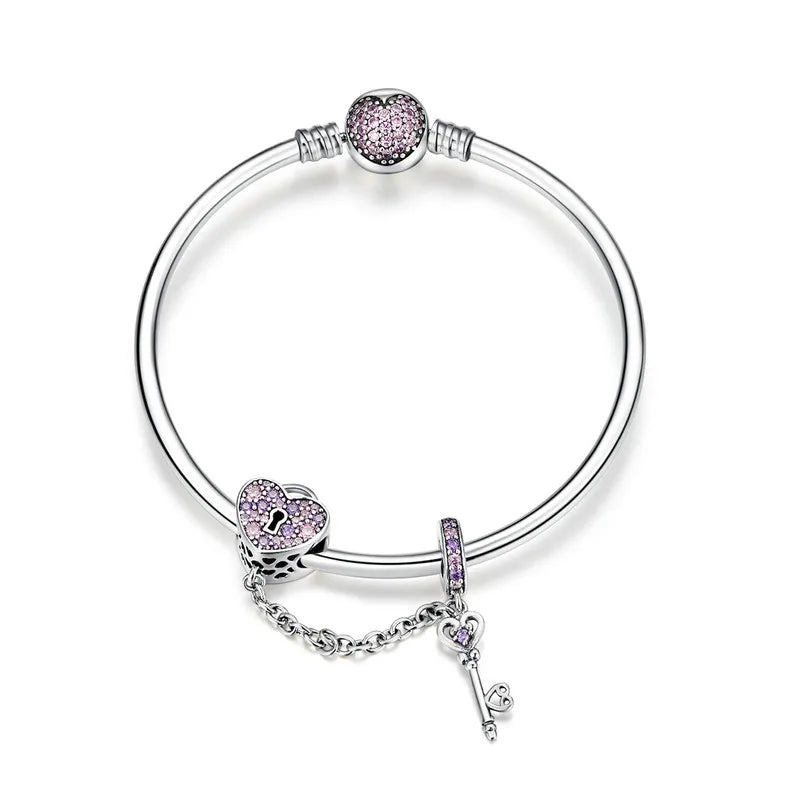 925 Sterling Silver Bracelet – Barrel Snap Clasp, Cubic Zirconia, Bangle Bracelet, Chain Bracelet, Charm, Sizes 17–21