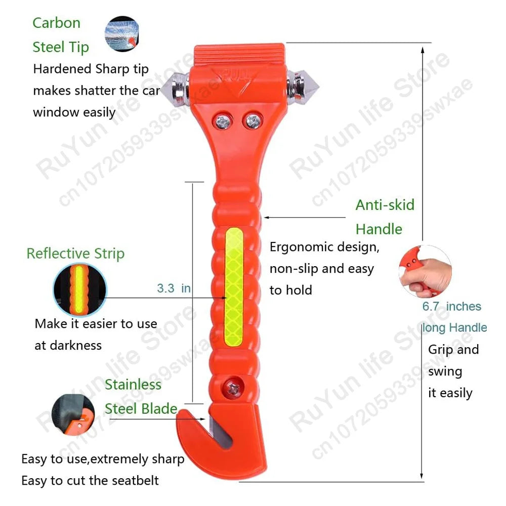 Window Breaker Seatbelt Cutter 2-In-1 Emergency Car Glass Punch Hammer Auto Escape Life Rescue Tool Light Reflective Tape