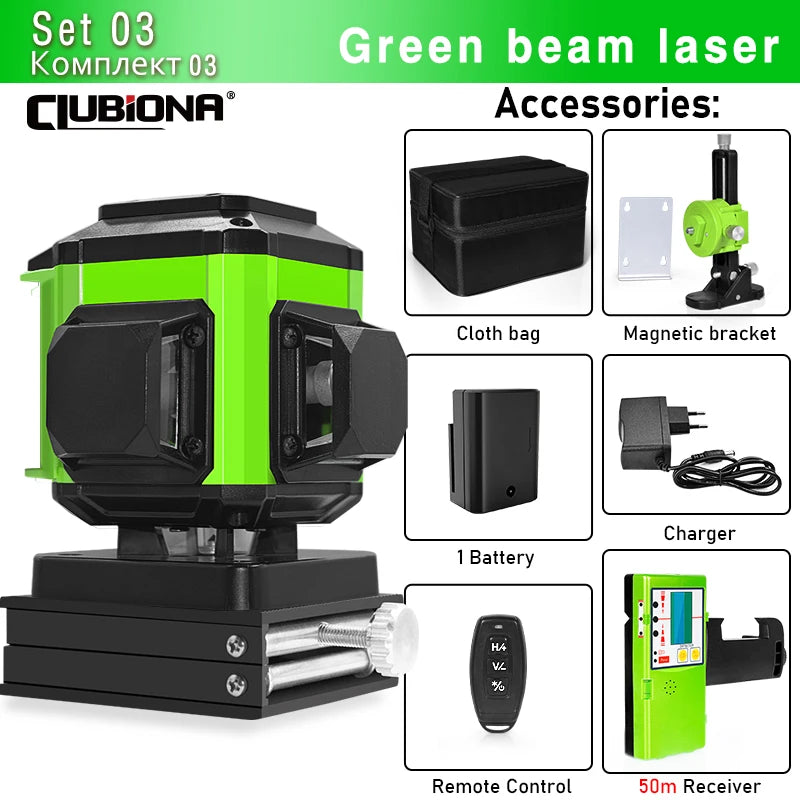 16/12 Lines Self-Leveling Remote Control Outdoor Mode - Receiver Auto 3X360 Green Beam Line Laser Level