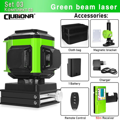 16/12 Lines Self-Leveling Remote Control Outdoor Mode - Receiver Auto 3X360 Green Beam Line Laser Level