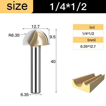 Core Box round Cove Nose Bit Tungsten Carbide CNC Woodworking Groove Tools Router Bits for Wood 1/2 1/4 Shank Milling Cutter