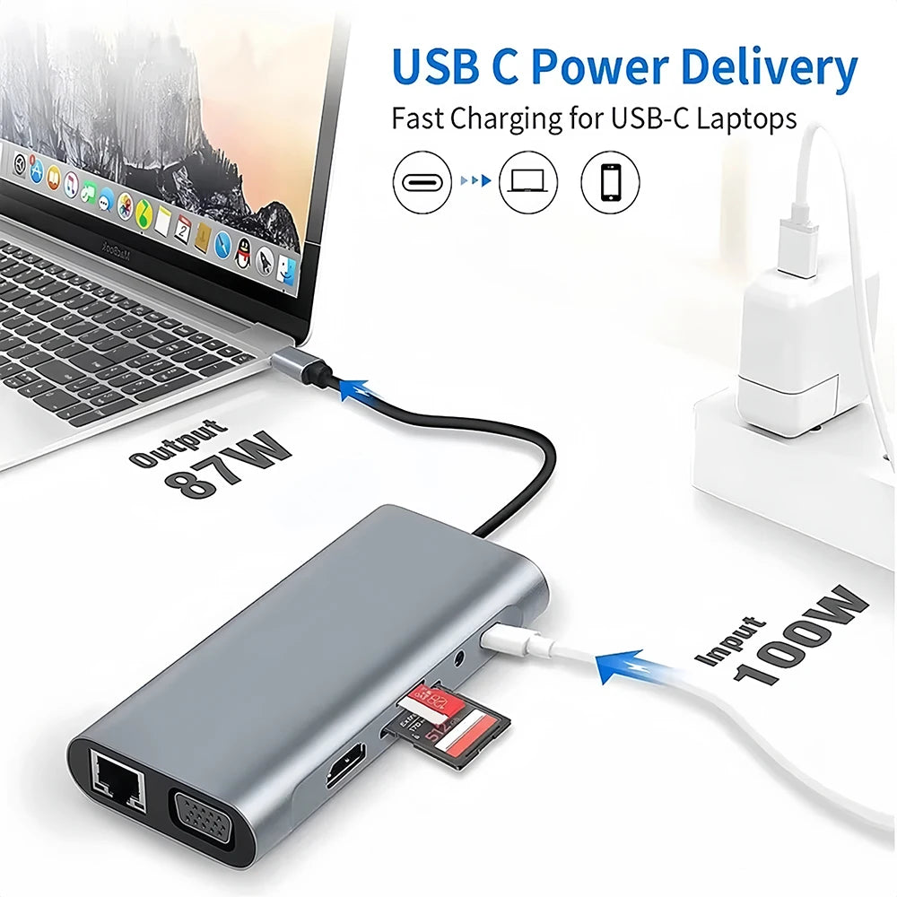 11-In-1 Type-C Docking Station USB 3.0 HUB USB C Splitter Type C to 4K HDMI VGA PD RJ45 1000M Network Adapter for Laptop Macbook