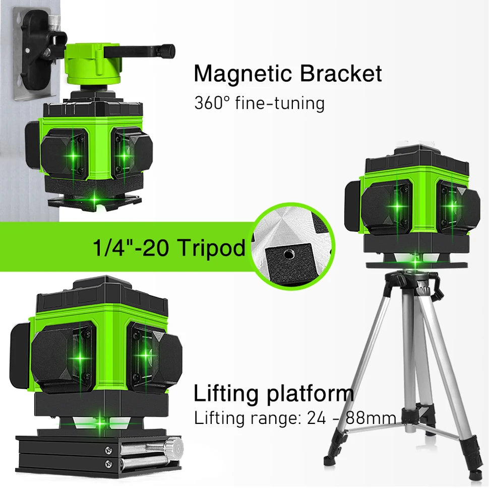 16/12 Lines Self-Leveling Remote Control Outdoor Mode - Receiver Auto 3X360 Green Beam Line Laser Level
