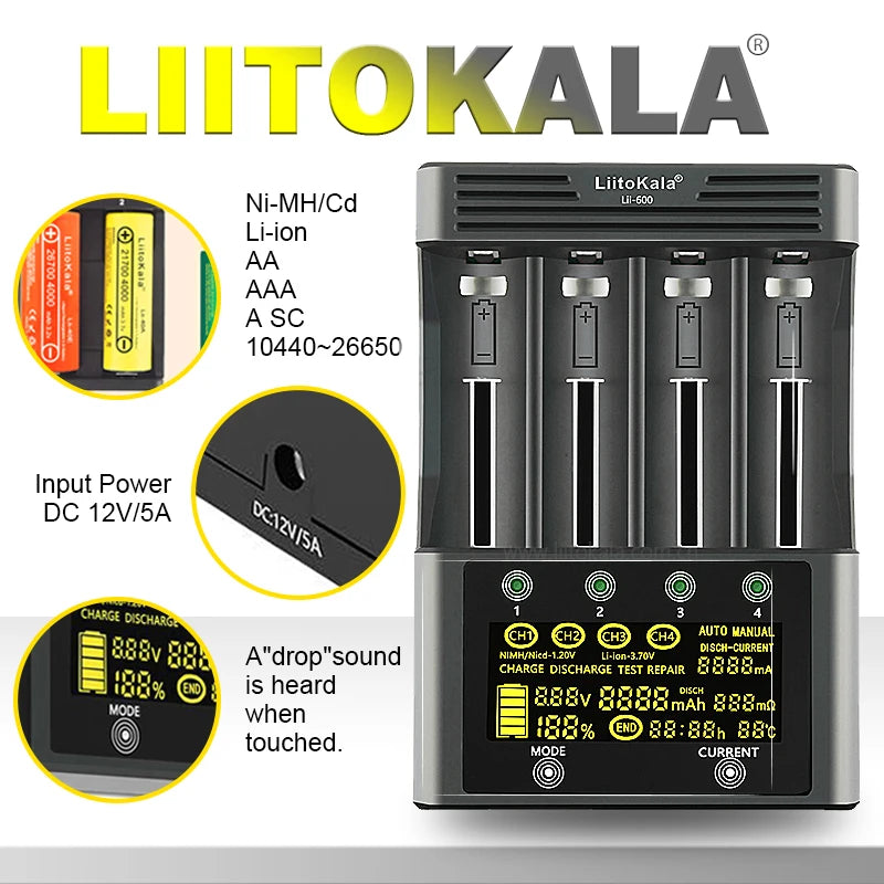 Lii-600 Smart Battery Charger for 18650/21700/AA/AAA | 3A Fast Charging | Nimh/Li-Ion/Nicd Multi-Bay Charger with LCD