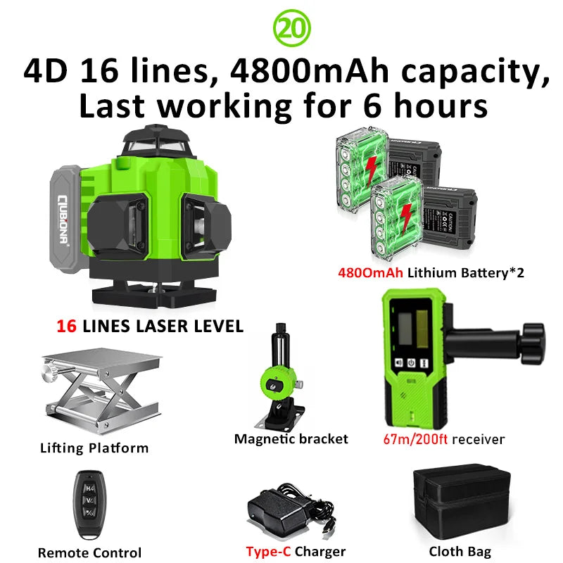16/12 Lines Self-Leveling Remote Control Outdoor Mode - Receiver Auto 3X360 Green Beam Line Laser Level