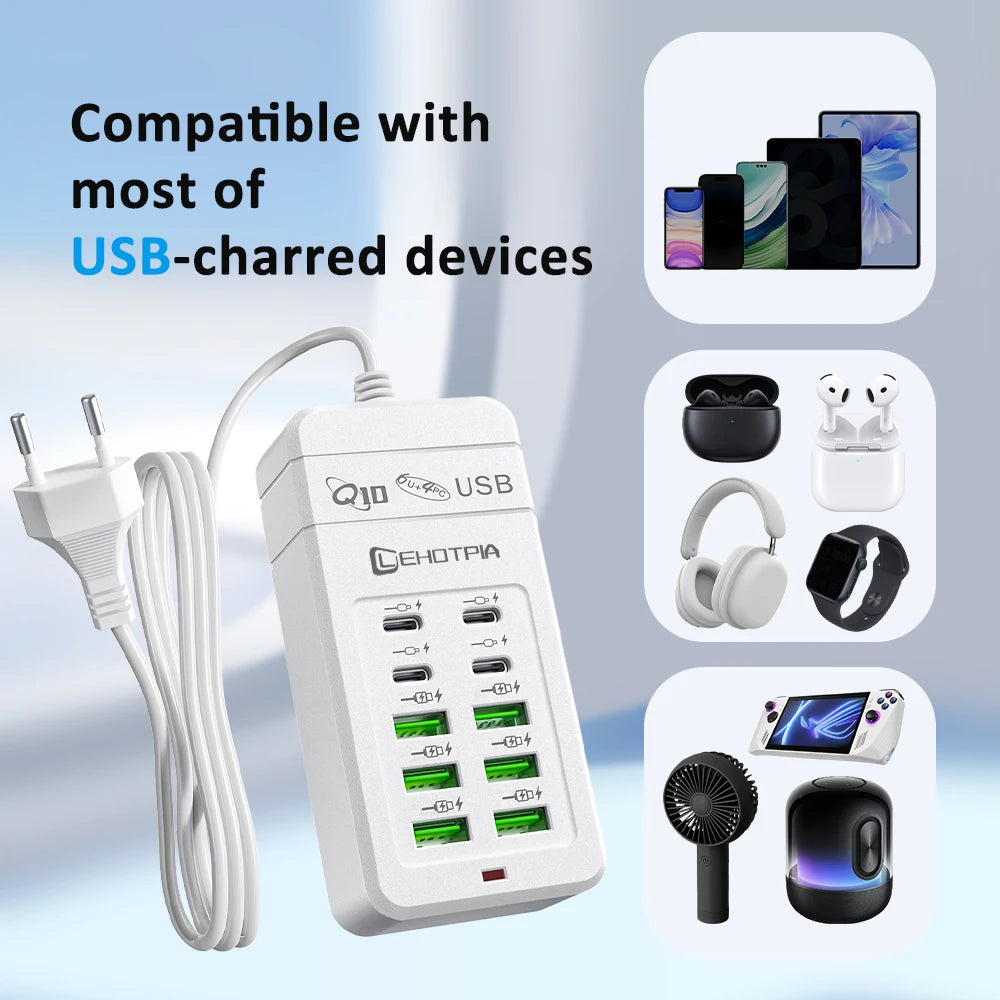 EU UK US Plug Multiple Rapide USB Charger Power Adapter 1.2M Extension Cord 6 USB-A 4 USB-C Portable for Mobile Phone USB Socket