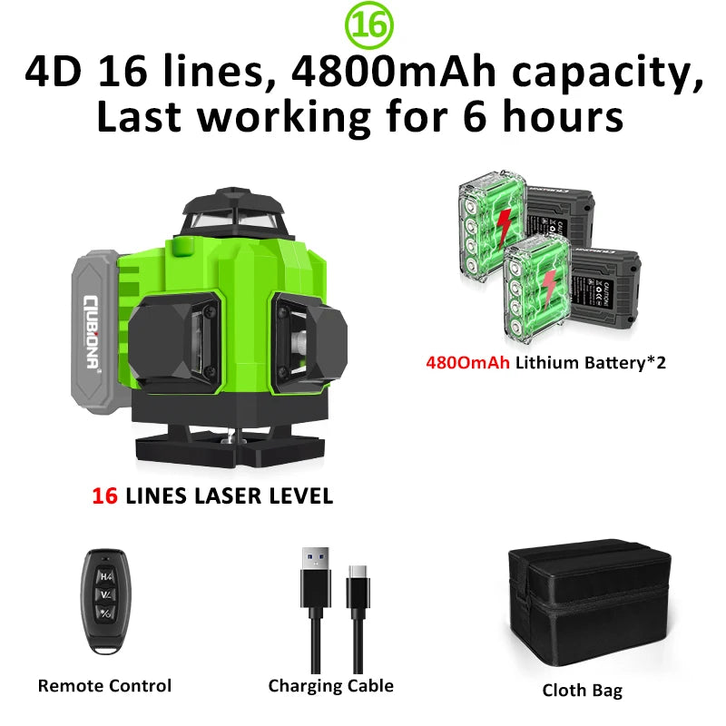 16/12 Lines Self-Leveling Remote Control Outdoor Mode - Receiver Auto 3X360 Green Beam Line Laser Level