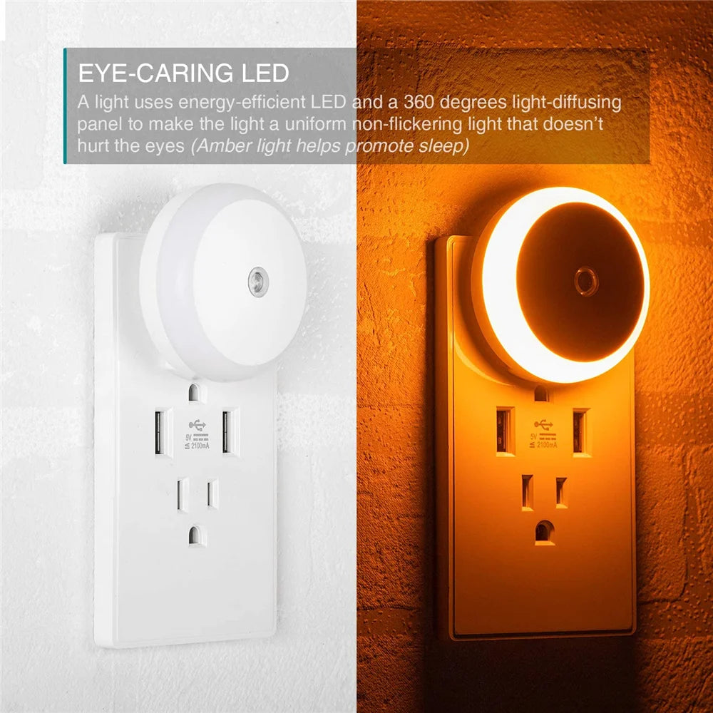 LED Night Light Smart Night Sensor round Plug in Wall Night Lamp Bathroom Home Kitchen Hallway Staireway Bedroom Nightlight