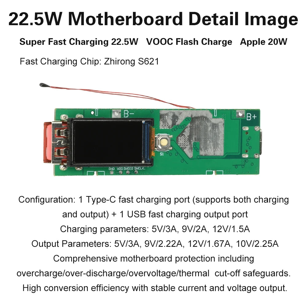 22.5W Fast Charging Module TFT Color Screen Digital DIY Power Bank Kit 21700 Battery Case Fast Charging Mini Portable Power