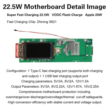 22.5W Fast Charging Module TFT Color Screen Digital DIY Power Bank Kit 21700 Battery Case Fast Charging Mini Portable Power