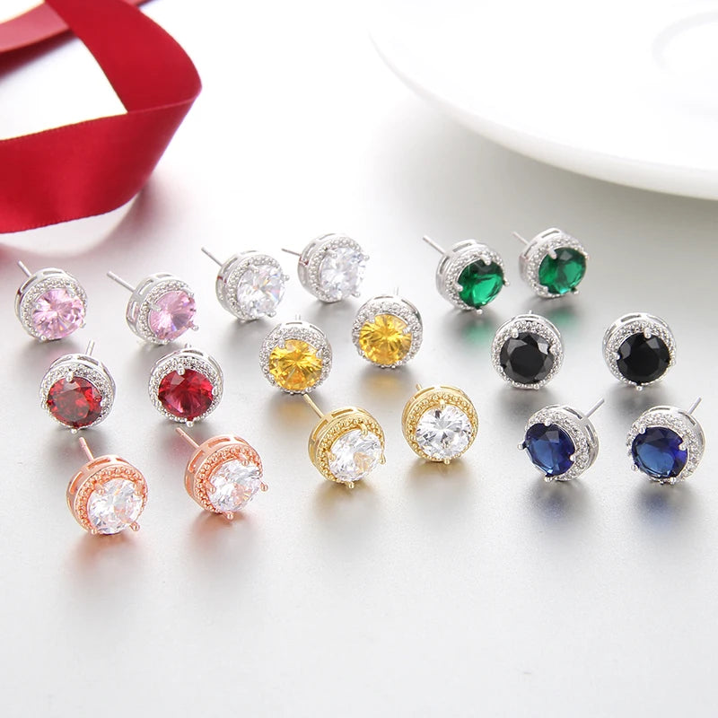 Classic Green AAA Cubic Zirconia Stud Earrings round Crystal Girl Ear Studs for Women Multicolor Fashion Jewelry Brincos AE176
