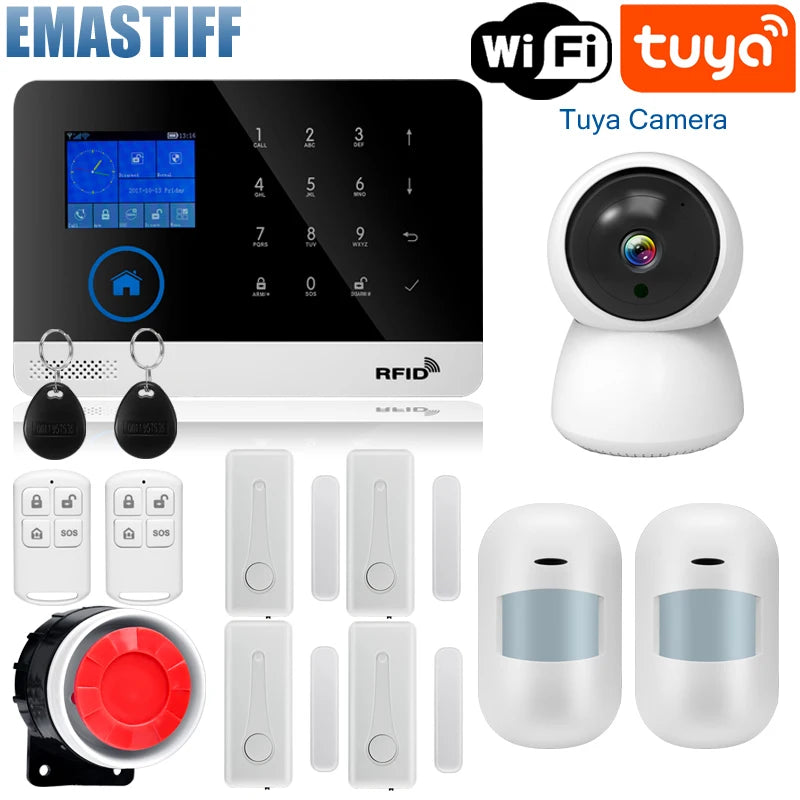 Wireless Tuya APP SIM GSM Home RFID Burglar Security LCD Touch Keyboard WIFI GSM Alarm System Sensor Kit Russian,Spanish Voice