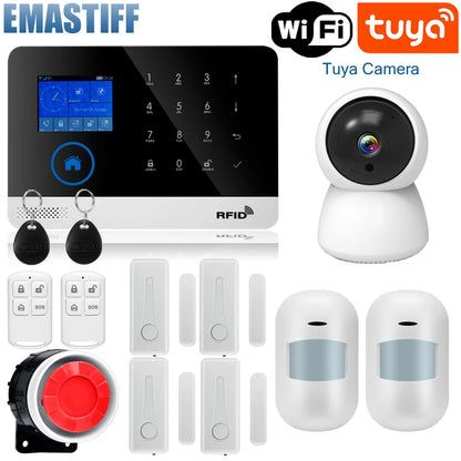 Wireless Tuya APP SIM GSM Home RFID Burglar Security LCD Touch Keyboard WIFI GSM Alarm System Sensor Kit Russian,Spanish Voice