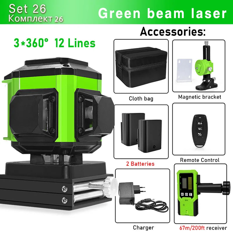 16/12 Lines Self-Leveling Remote Control Outdoor Mode - Receiver Auto 3X360 Green Beam Line Laser Level