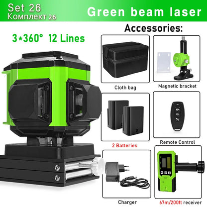 16/12 Lines Self-Leveling Remote Control Outdoor Mode - Receiver Auto 3X360 Green Beam Line Laser Level