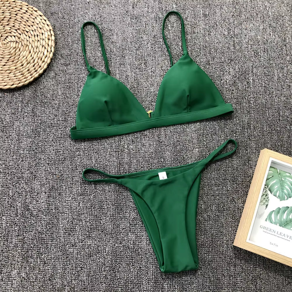 9 Colors Solid Bikini Set 2025 Sexy Push up Swimwear Women Brazilian Swimsuit Low Waist Biquini Halter Two Pieces Bathing Suit