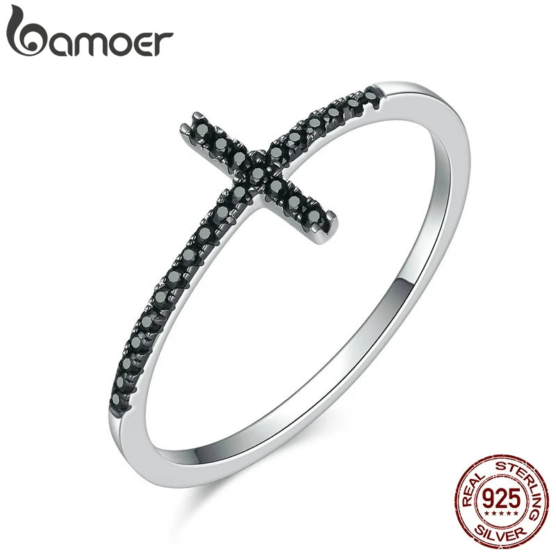 Popular 925 Sterling Silver Faith Cross Shape Finger Rings for Women ,Black Clear CZ Sterling Silver Jewelry Gift SCR067